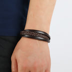 Silver Magnetic Buckle + Black Leather 23cm Multi-layer Braided Magnetic Buckle Men's Bracelet