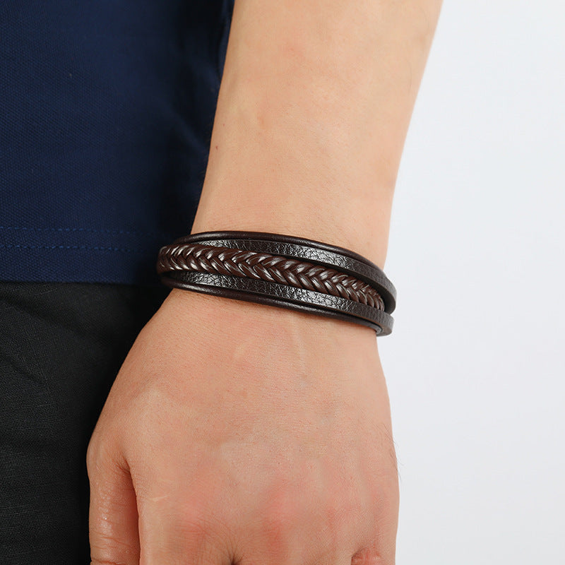 Silver Magnetic Buckle + Brown Leather 23cm Multi-layer Braided Magnetic Buckle Men's Bracelet