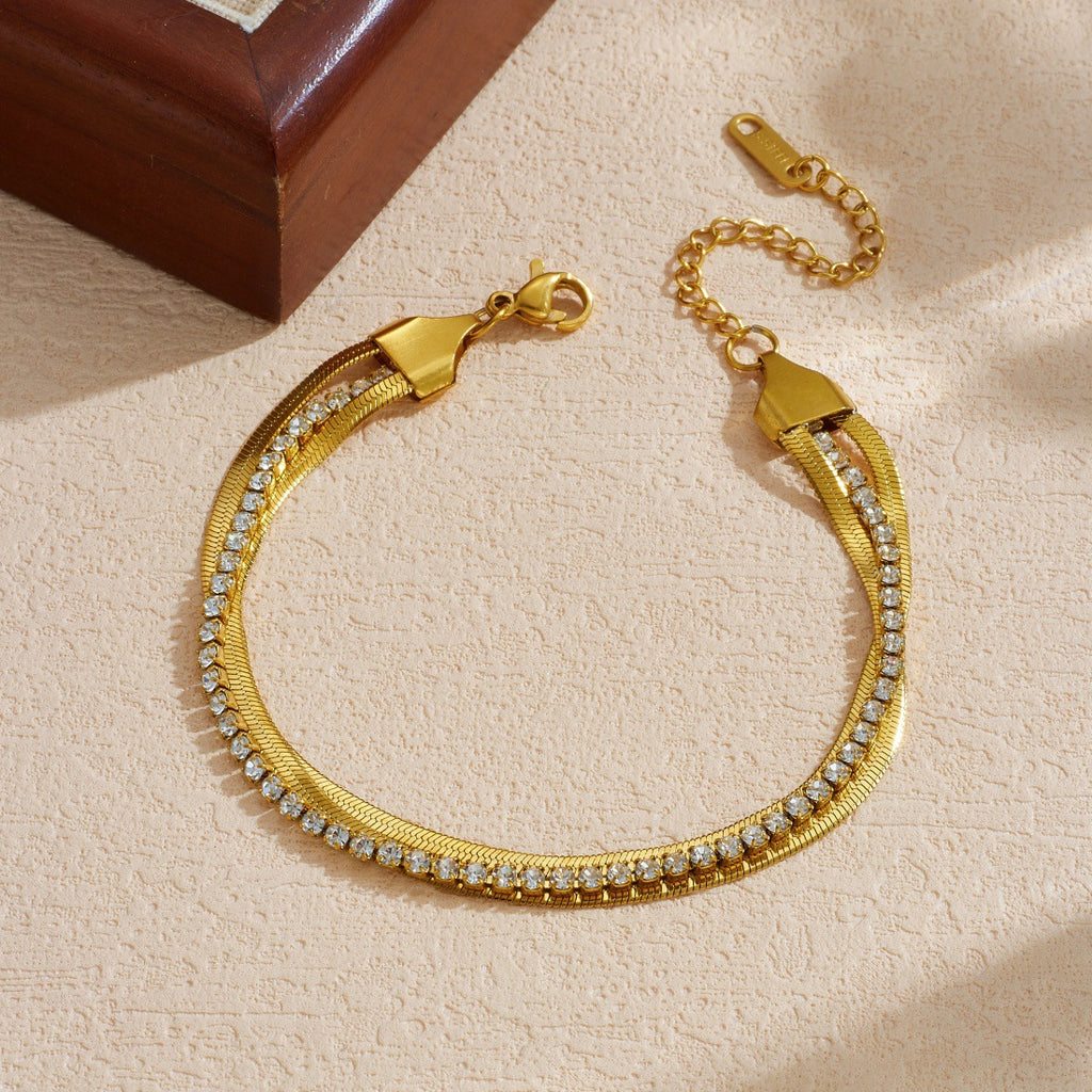 Gold Diamond-encrusted Gold-plated Multi-layered Stainless Steel Chain Bracelet