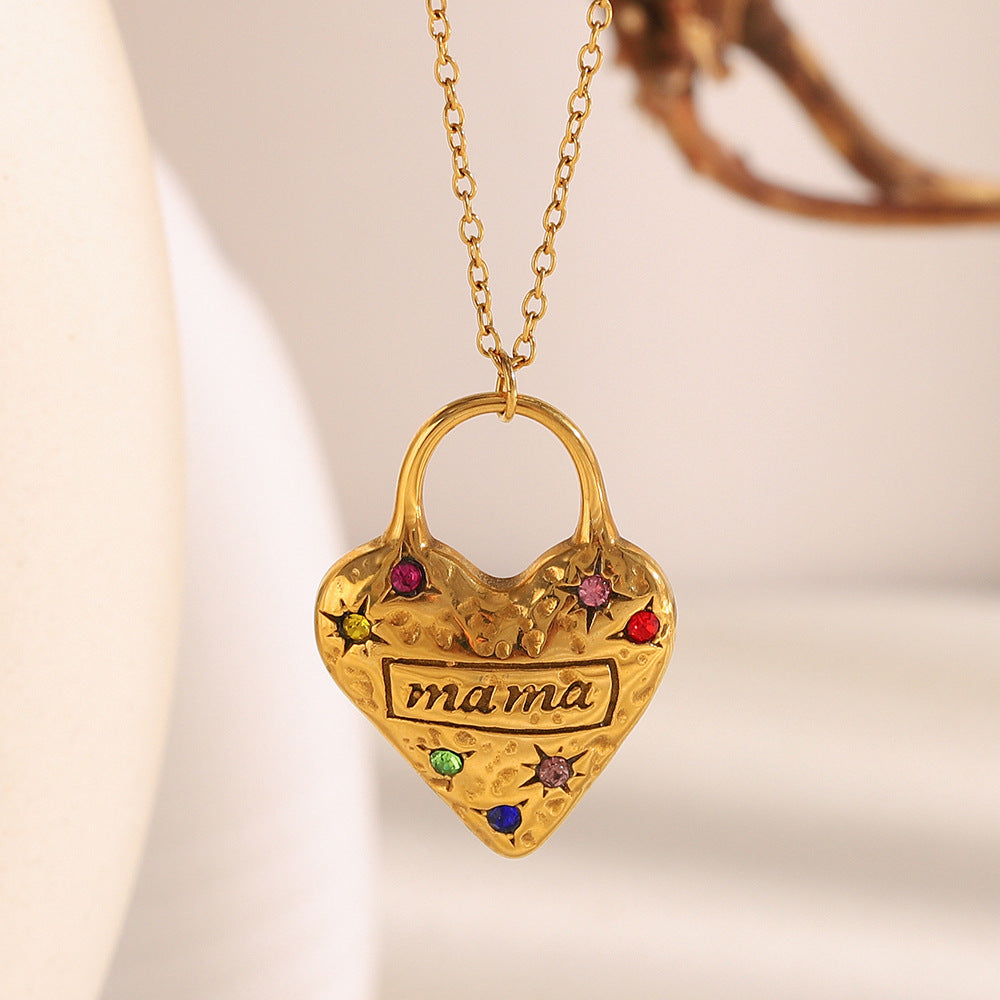 Colored Zirconium Love Mama Pendant Necklace-gold Stainless Steel Diamond Heart Necklace