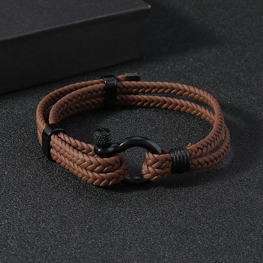 Black Leather Braided Horseshoe Buckle Men's Bracelet