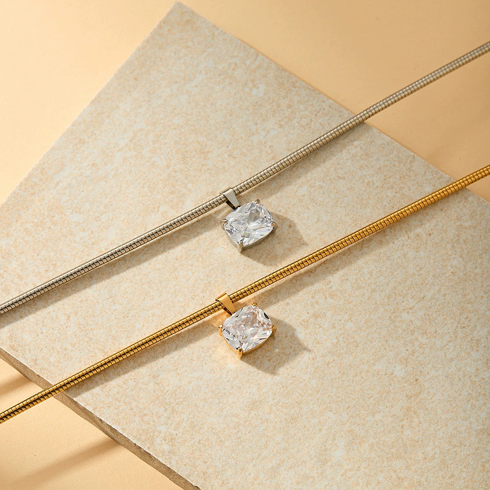 Gold Square Zircon Stainless Steel Spring Chain Necklace