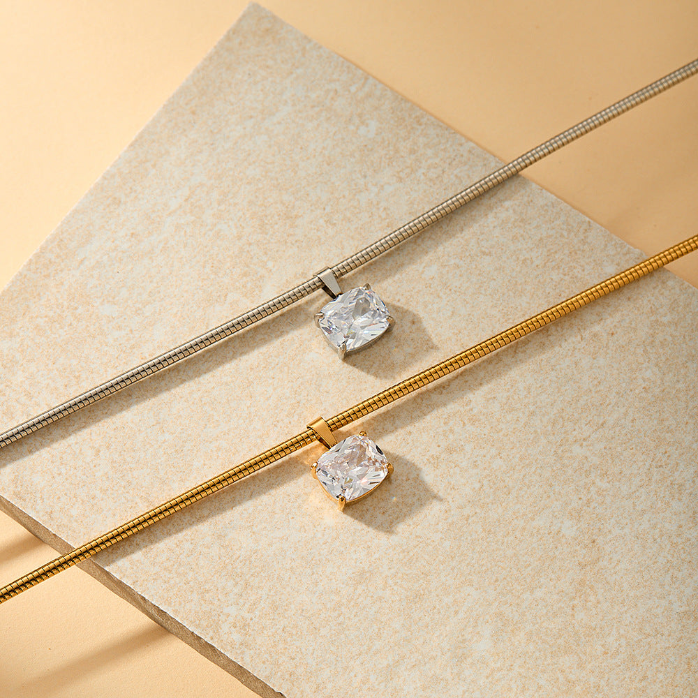 Gold Square Zircon Stainless Steel Spring Chain Necklace