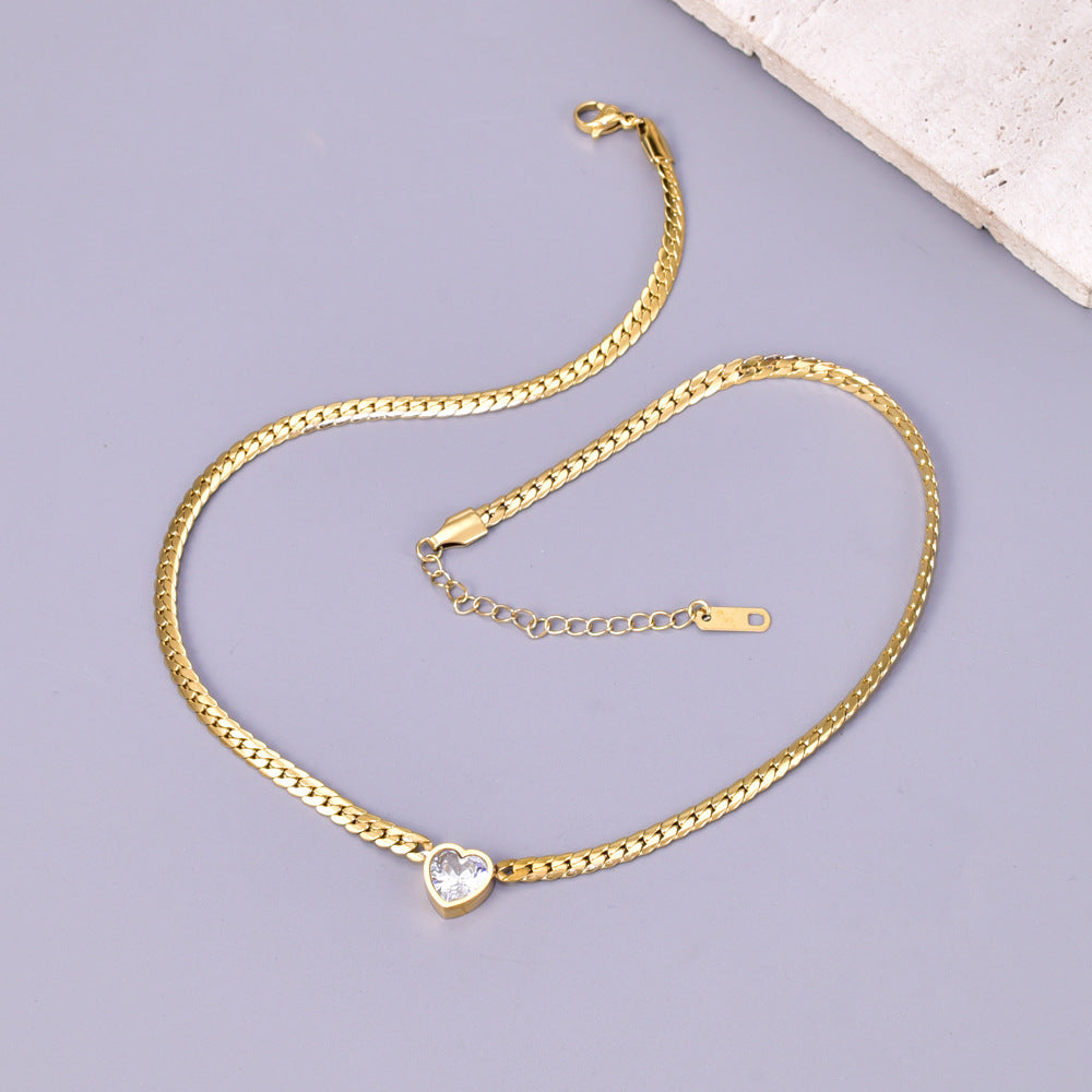 Combination Stainless Steel Diamond-encrusted Heart Necklace And Bracelet Set