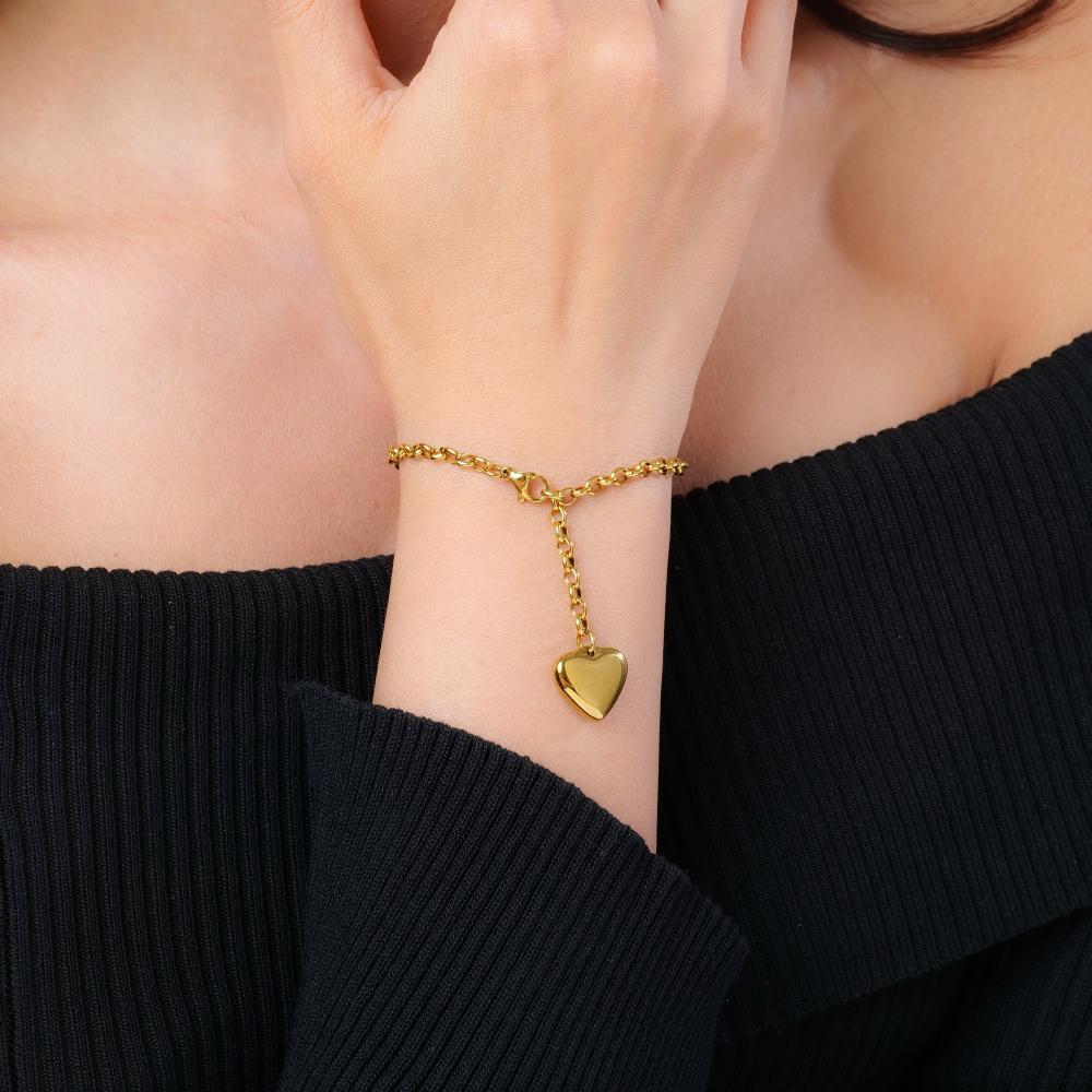 Gold 14mm Smooth Heart-shaped 18k Gold Bracelet With Laser-engraved Letters
