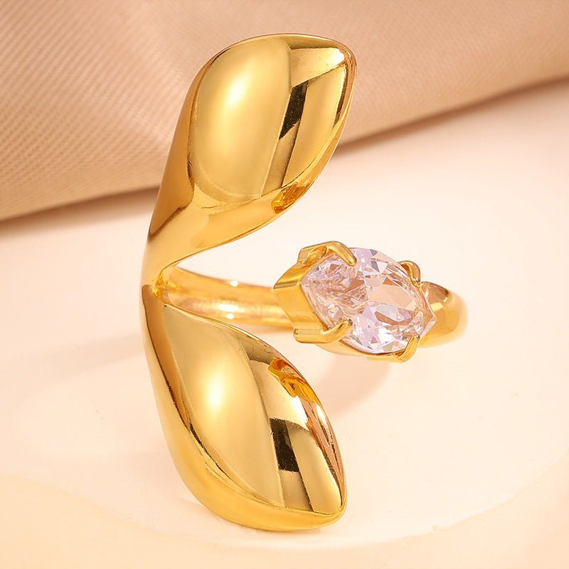 Gold 18k Gold Plated Leaf Zircon Vintage Stainless Steel Ring