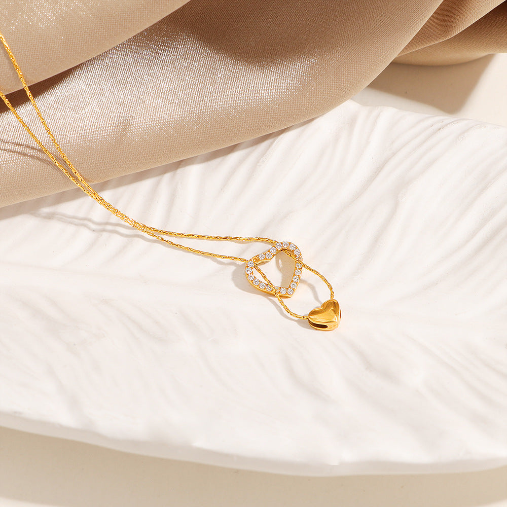Gold Stainless Steel Full Diamond Heart-shaped Delicate Clavicle Chain Vintage Heart Necklace