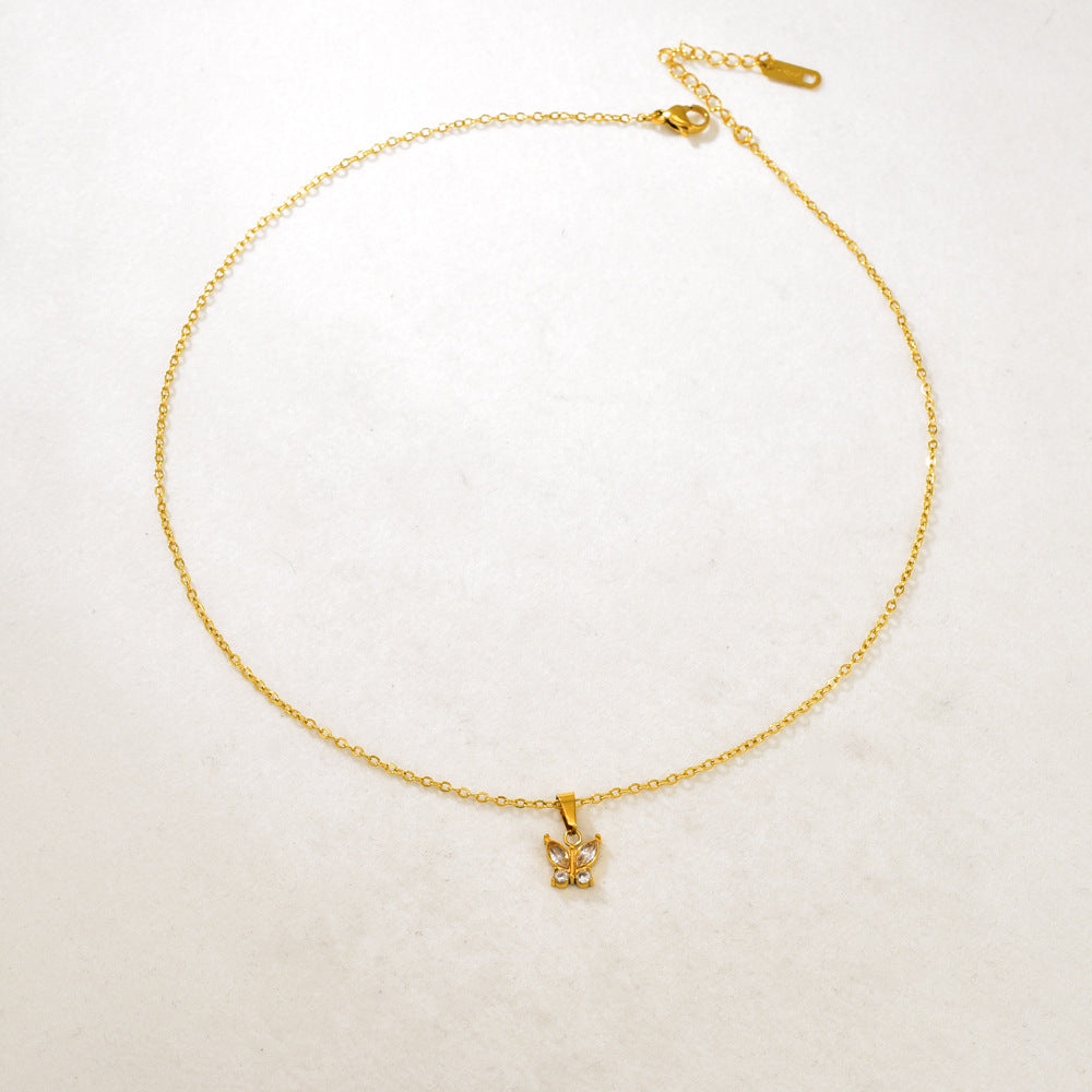 Gold Stainless Steel Diamond-encrusted Butterfly Necklace