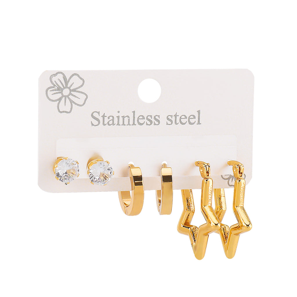 Round Stainless Steel Diamond Oval Five-pointed Star Heart Geometric Earrings Set