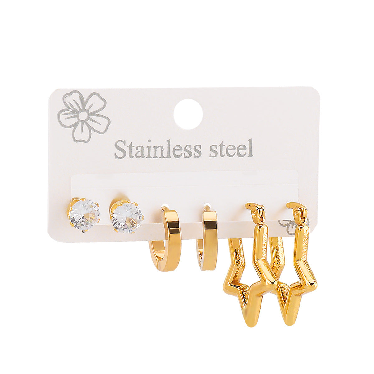 Round Stainless Steel Diamond Oval Five-pointed Star Heart Geometric Earrings Set