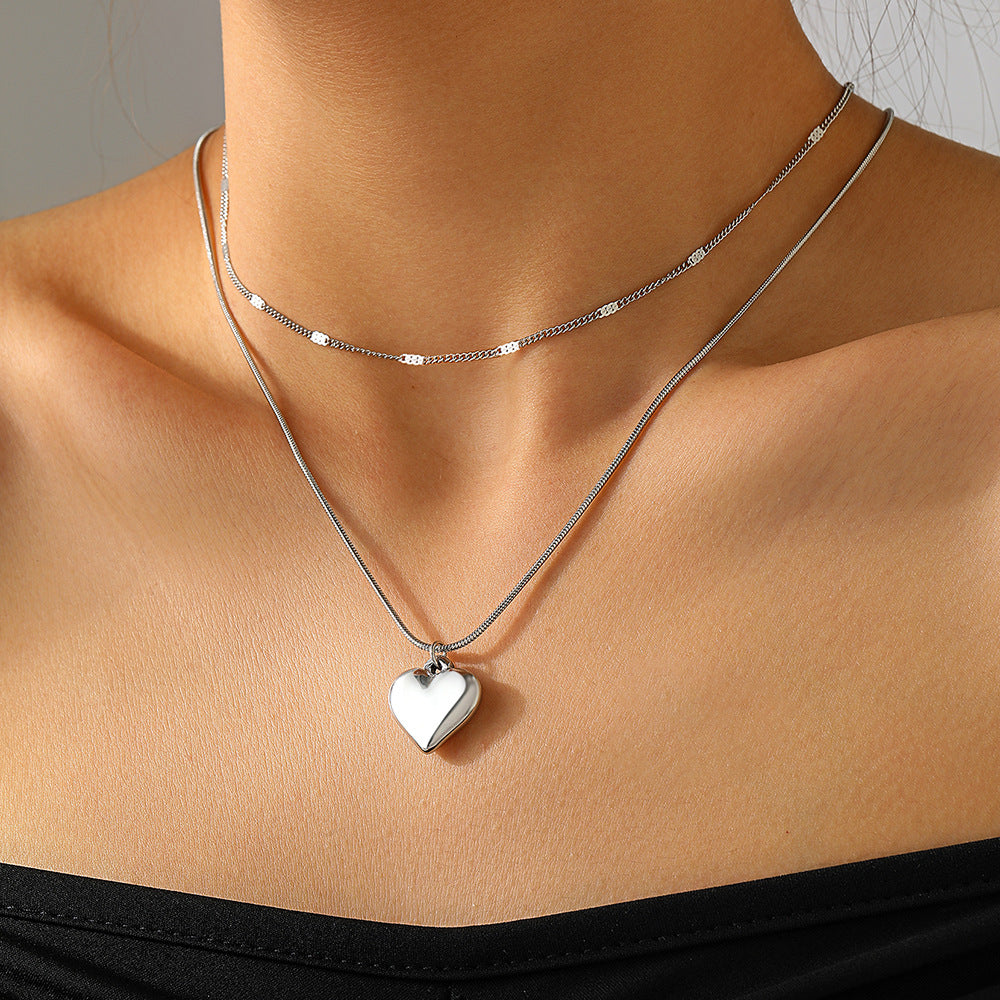 Silver Stainless Steel Heart Double Layer Necklace