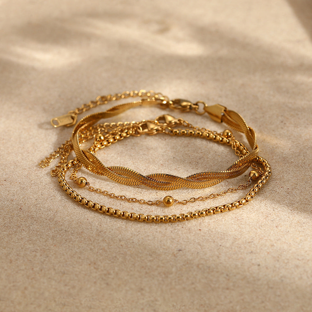 Gold Stainless Steel Double Wrap Snake Bone Chain Bracelet