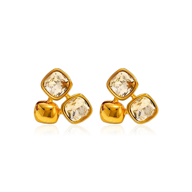 Gold 316l Stainless Steel Diamond-set Square Stud Earrings