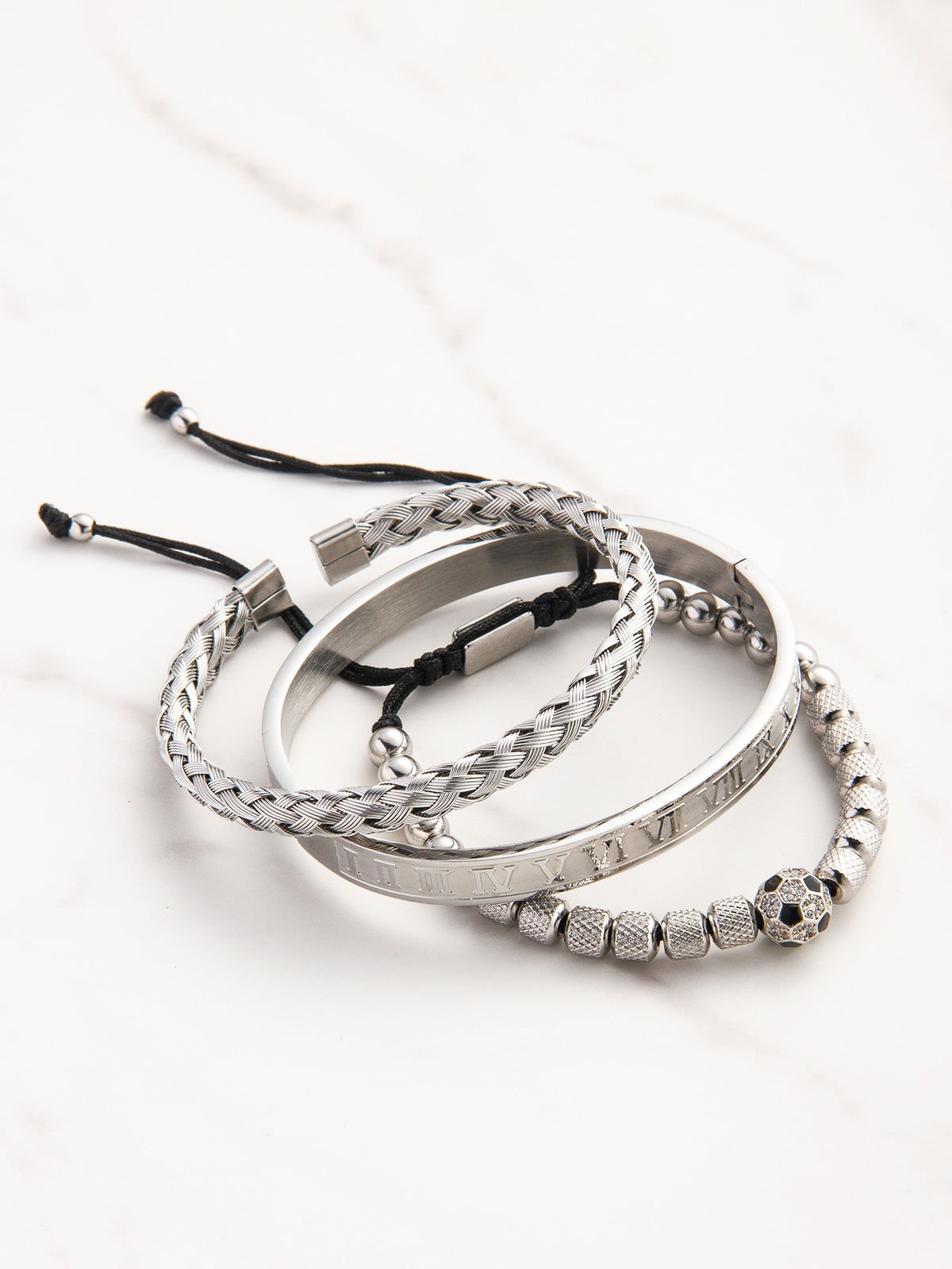 Steel Color Stainless steel beaded woven men's bracelet set
