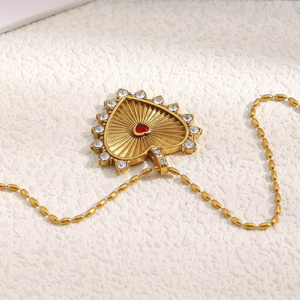 Carved Heart Necklace - Gold Stainless Steel Diamond-encrusted Heart Necklace