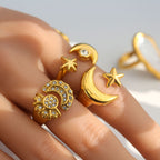 Ring #3 Stainless Steel Diamond-encrusted Star And Moon Ring
