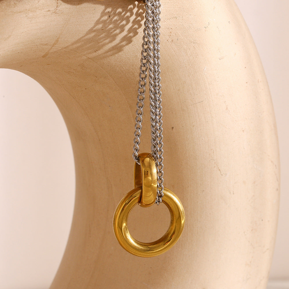 Double Chain Hoop Necklace - Two Colors Stainless Steel Double Chain Ring Necklace