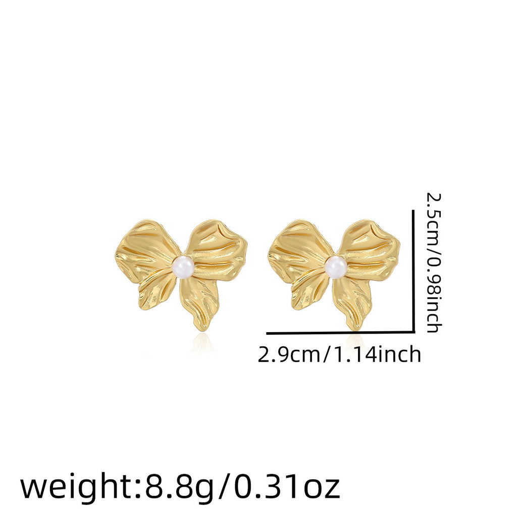 Earring #9 Bowknot Texture Pearl Metal Style Studs