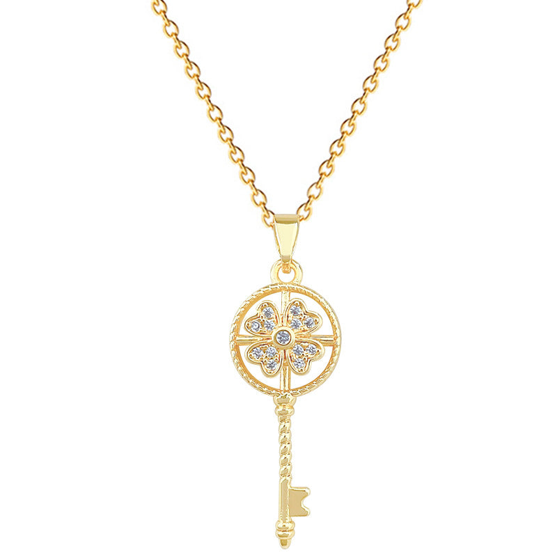 Gold Titanium Steel Diamond-encrusted Key Necklace