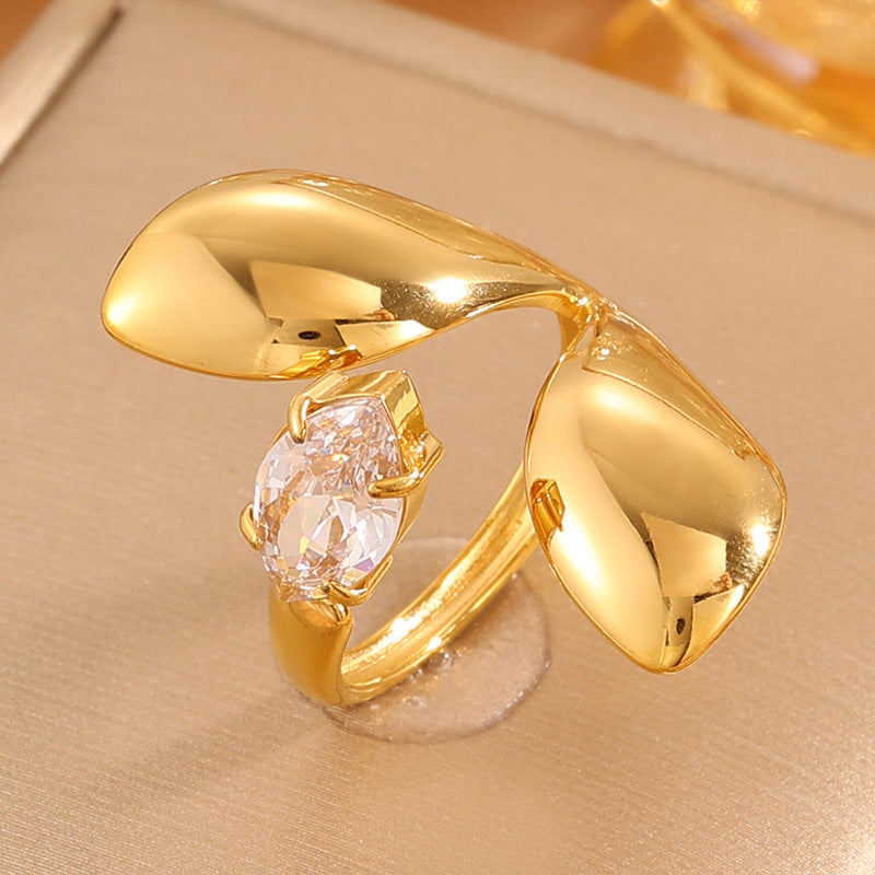 Gold 18k Gold Plated Leaf Zircon Vintage Stainless Steel Ring