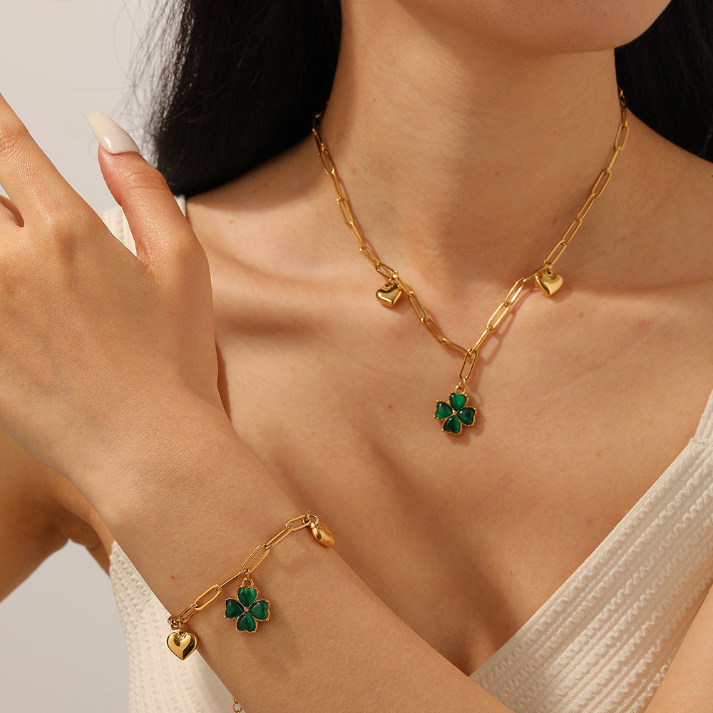 Green Four-leaf Clover Heart Bracelet Stainless Steel Exquisite Clover Heart Link Bracelet