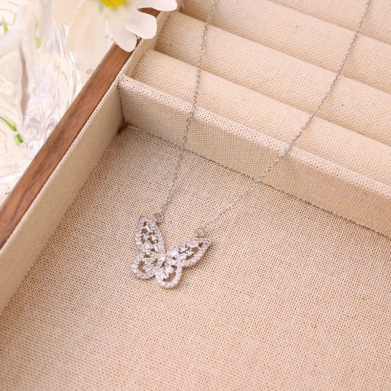 Silver Titanium Steel Diamond Butterfly Necklace
