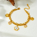 Gold Stainless Steel Diamond-encrusted Heart And Flower Double-layer Bracelet