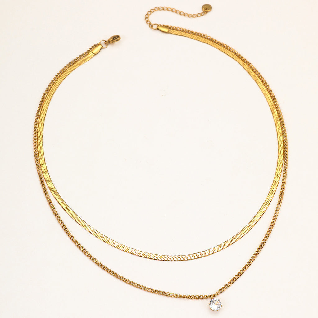 1 Double Necklace Stainless Steel Diamond Snake Bone Double Necklace