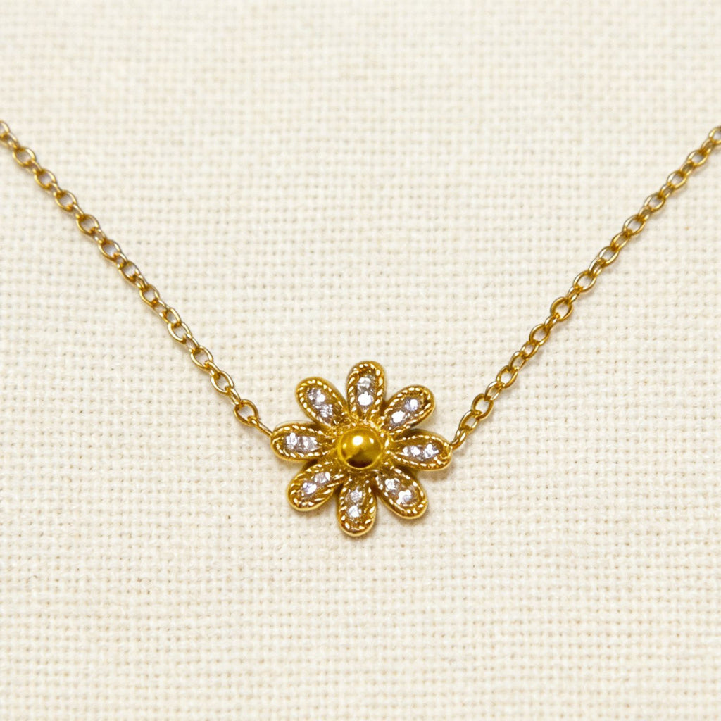 Gold 3d Daisy Zircon Pendant Necklace Stainless Steel 18k Gold Plated