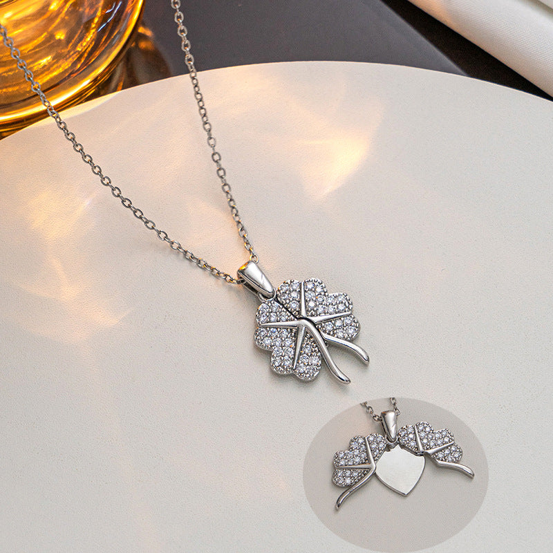 Fashion Silver Titanium Steel Diamond Clover Necklace