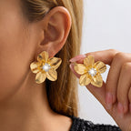 Gold Stainless Steel Zircon Flower Earrings Studs