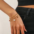 Gold Stainless Steel Diamond-encrusted Heart And Flower Double-layer Bracelet