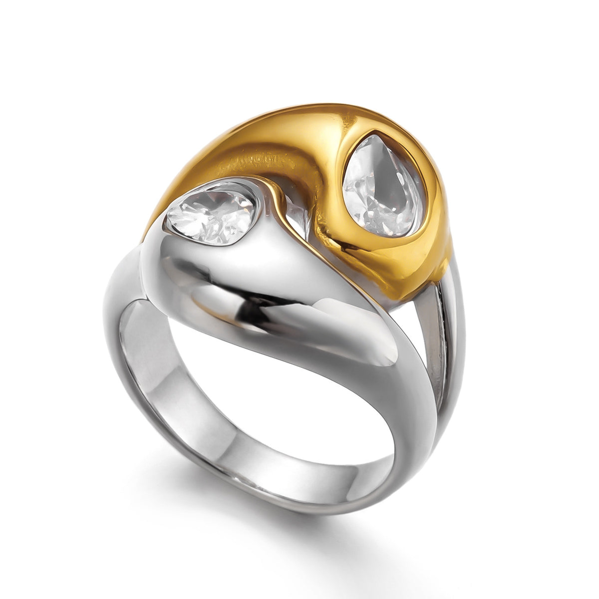 Two-tone 2 3pcs 18k Gold Stainless Steel Color Block Zircon Ring Set