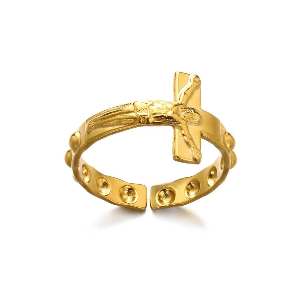Ring #5 304 Stainless Steel Diamond-set Cross Ring