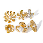 Gold 6 Stainless Steel Flower Pearl Ring