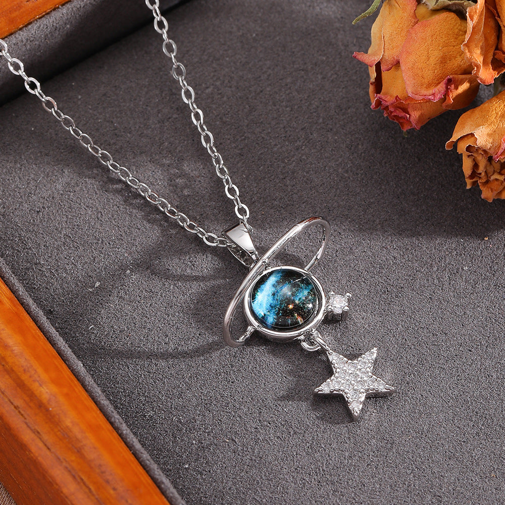 Necklace #7 304 Stainless Steel Diamond-encrusted Heart And Moon Necklace