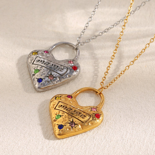Colored Zirconium Love Mama Pendant Necklace-gold Stainless Steel Diamond Heart Necklace