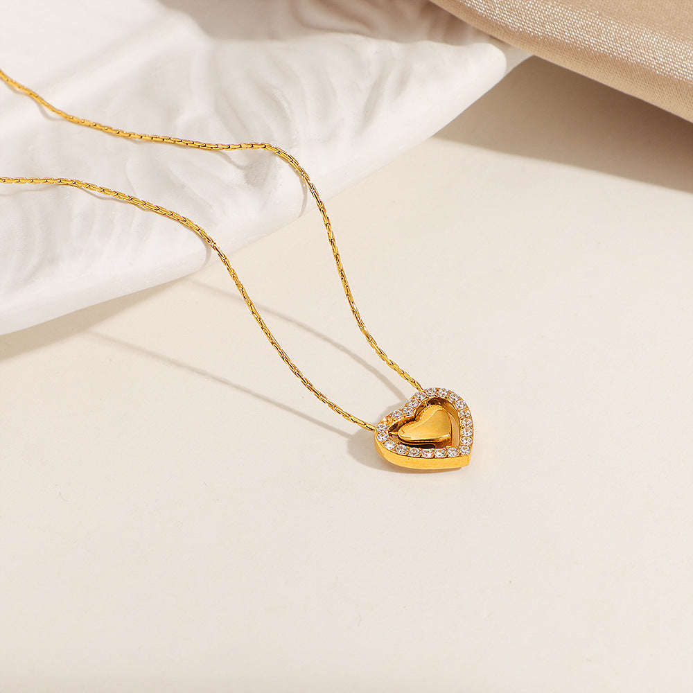 Gold Stainless Steel Full Diamond Heart-shaped Delicate Clavicle Chain Vintage Heart Necklace