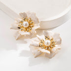 White Alloy Pearl-inlaid 3d Flower Earrings