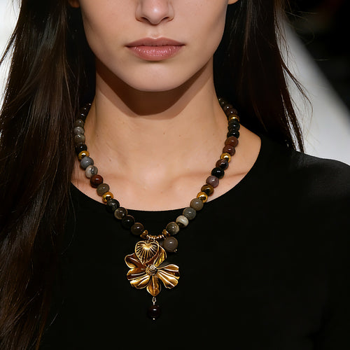 Crazy Agate Stone Stainless Steel Tiger Eye Beaded Flower Necklace