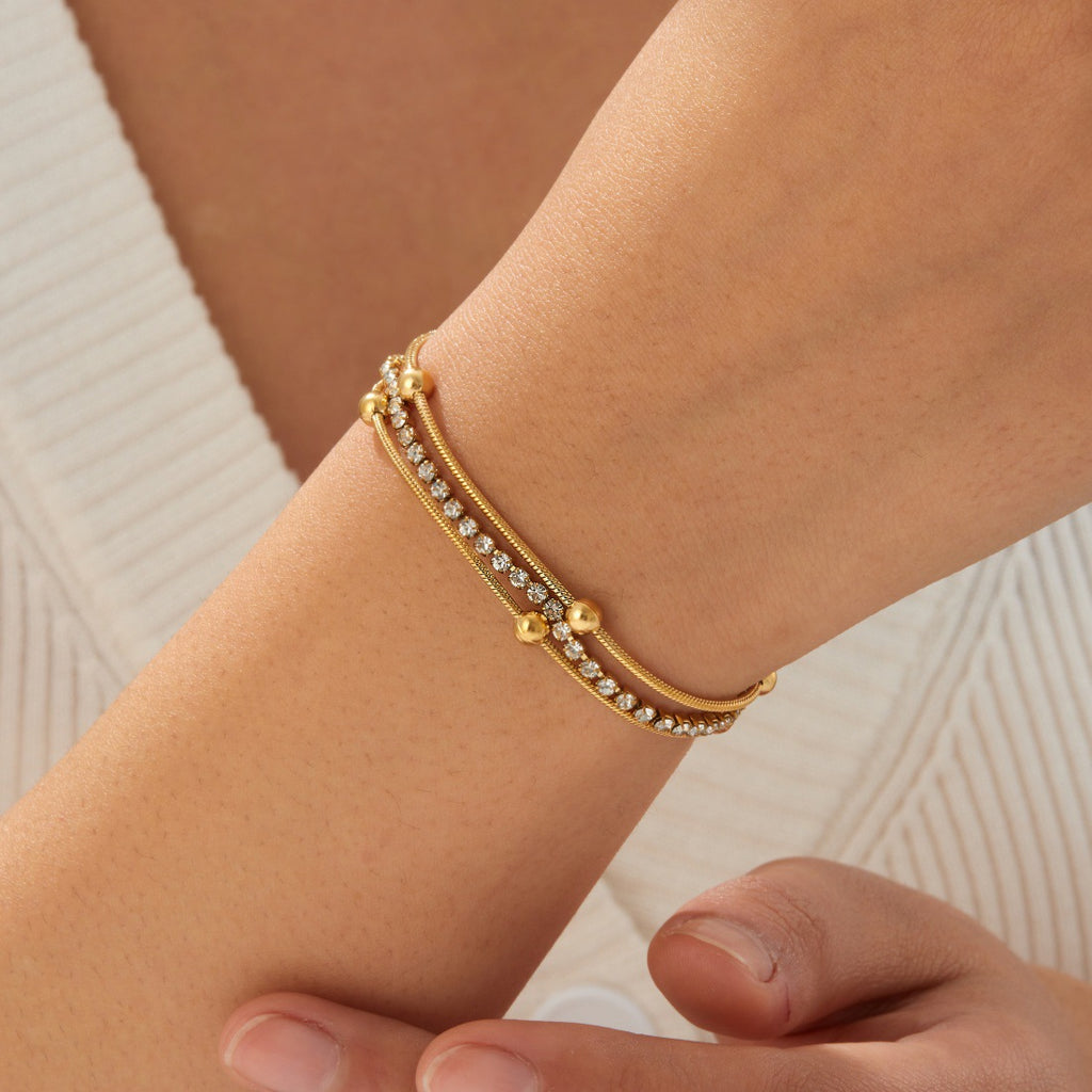 Gold Stainless Steel Multi-bead Bracelet With Diamonds