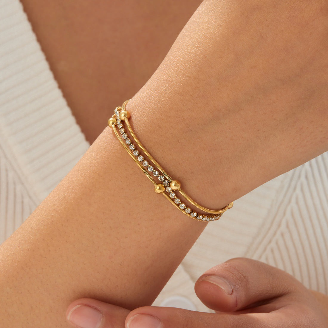 Gold Stainless Steel Multi-bead Bracelet With Diamonds