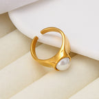 Fashion Gold Stainless Steel Pearl Open Ring