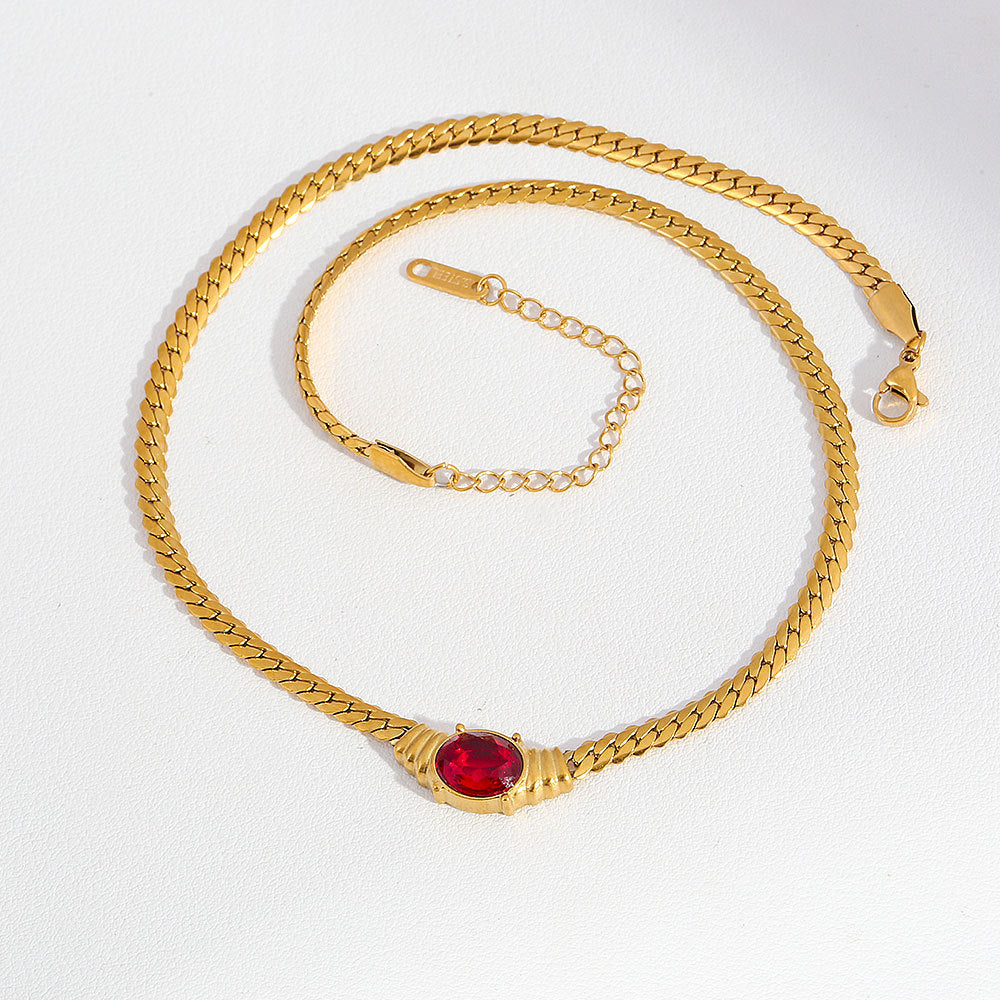 Red Stainless Steel Rhinestone Oval Necklace
