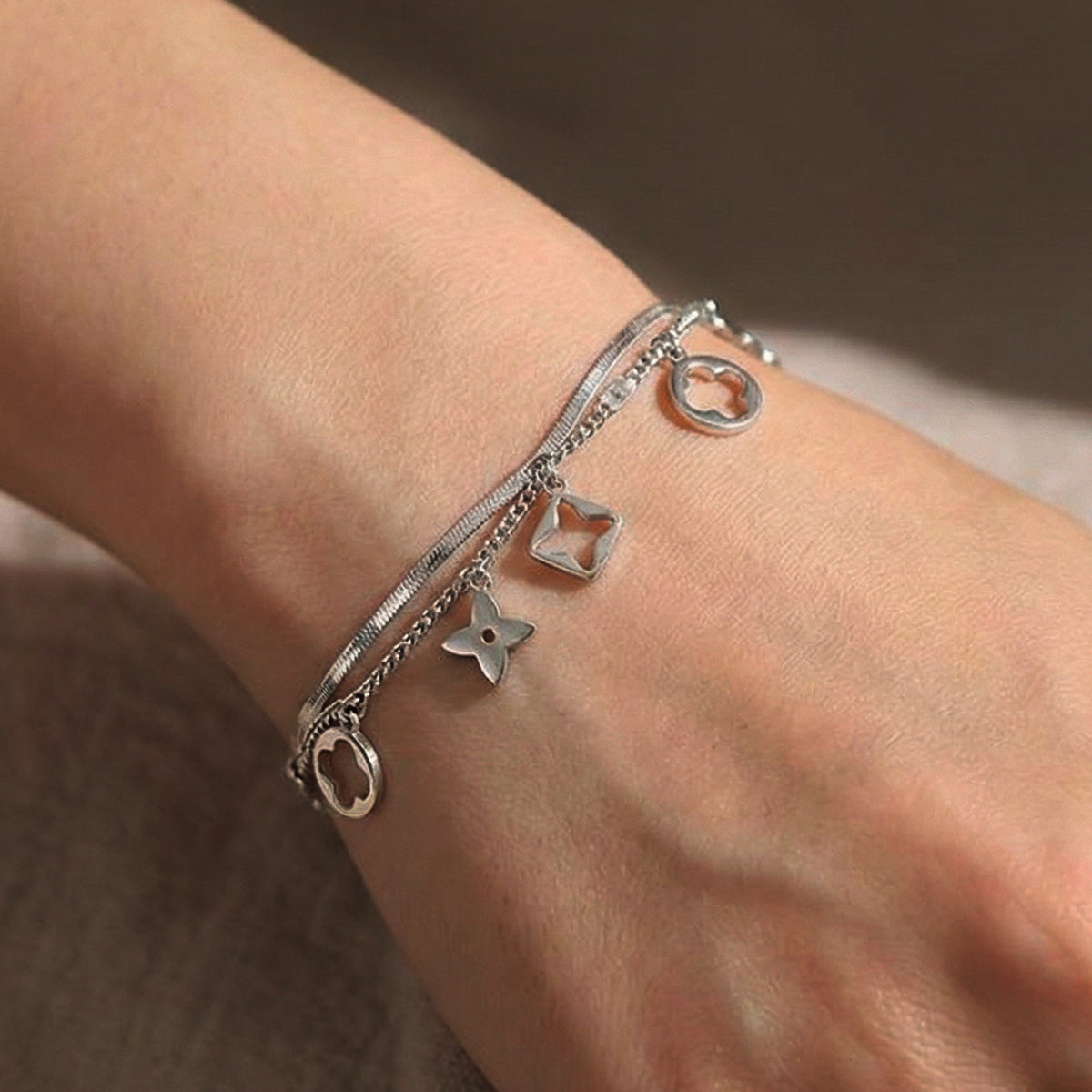 Silver Stainless Steel Four-leaf Clover Bracelet
