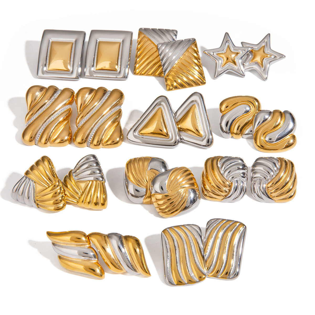Gold And Silver 6 Stainless Steel Contrast Geometric Texture Earrings