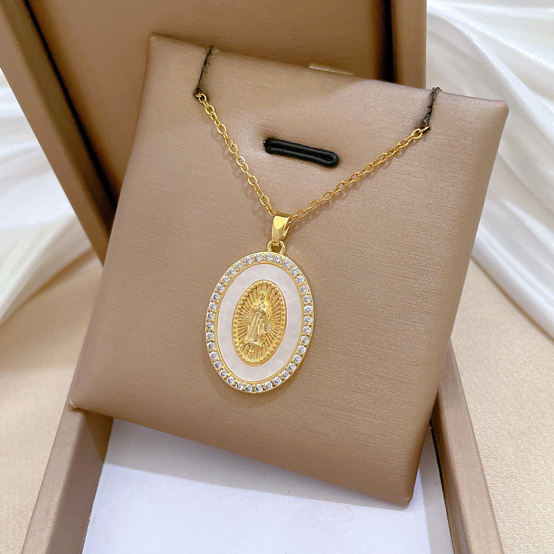Gold Stainless Steel Diamond Portrait Oval Necklace