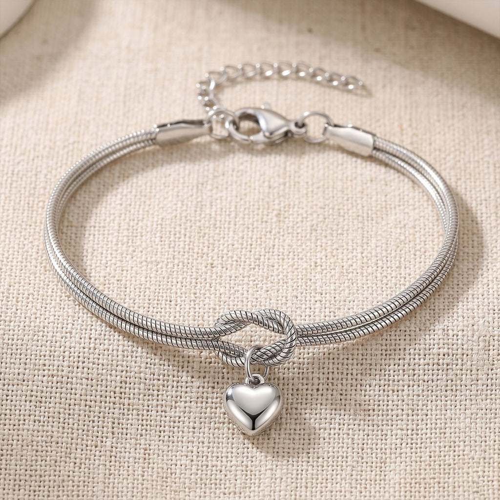 Steel Color European Stainless Steel Heart Pendant Love Knot Round Snake Chain Bracelet For Men Women