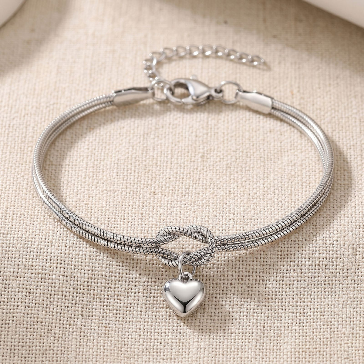 Steel Color European Stainless Steel Heart Pendant Love Knot Round Snake Chain Bracelet For Men Women