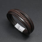 Silver Magnetic Buckle + Black Leather 23cm Multi-layer Braided Magnetic Buckle Men's Bracelet
